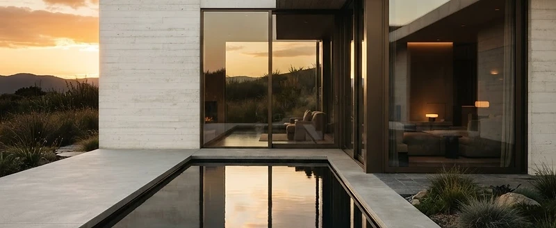 Modern concrete and glass architecture beside a reflective pool at sunset