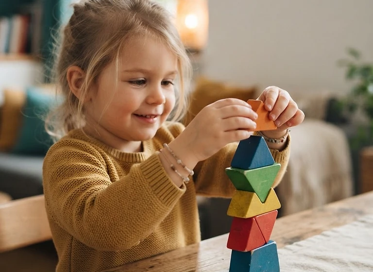 A child proudly stacking colorful wooden balance blocks