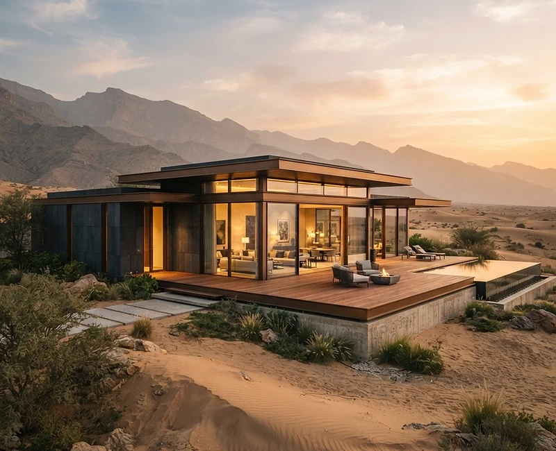 Modern modular villa in the UAE desert at golden hour