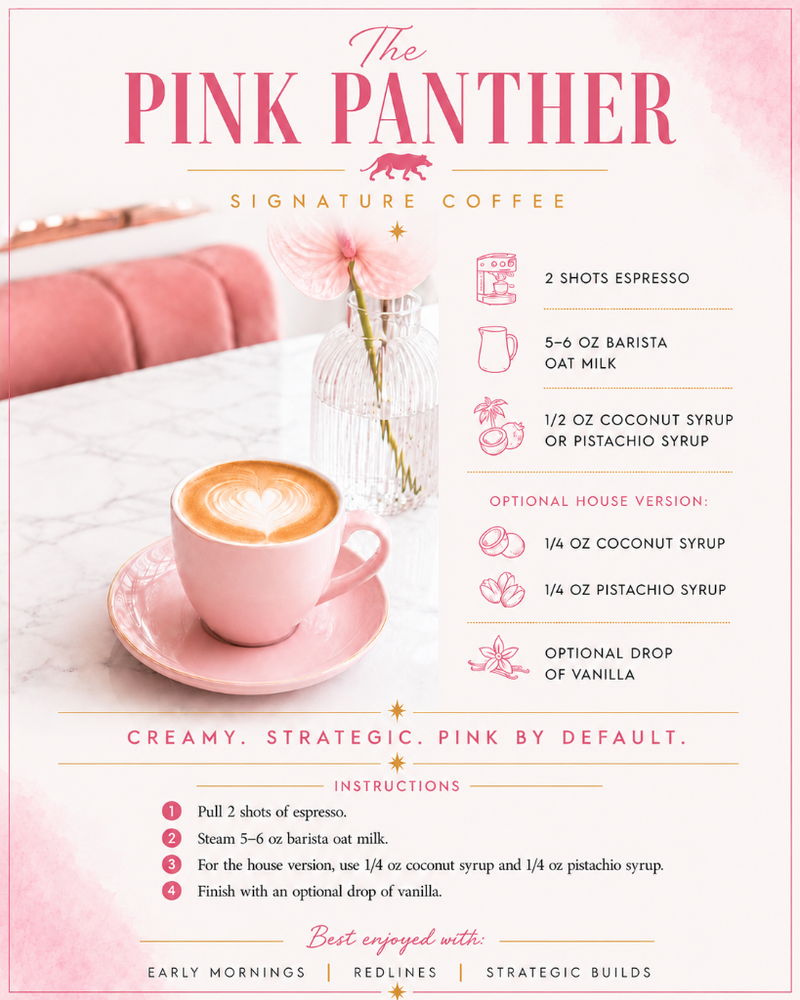 The Pink Panther Coffee — espresso, oat milk, coconut or pistachio