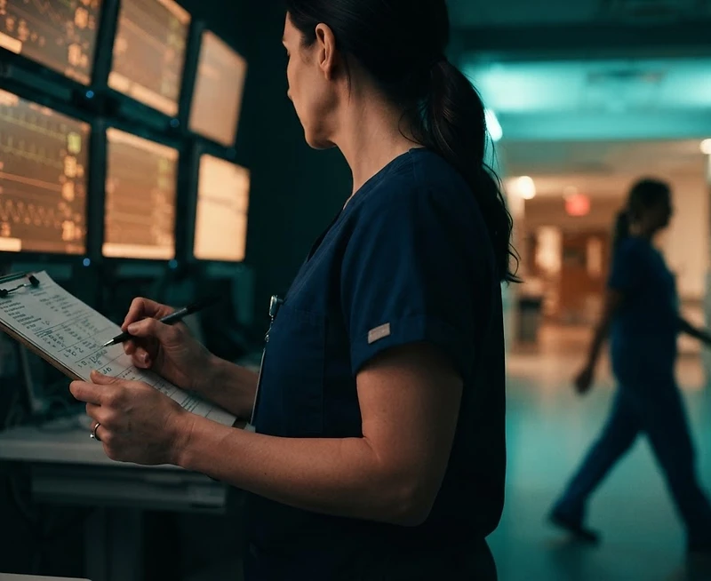 A nursing shift — hands, monitors and a hospital hallway