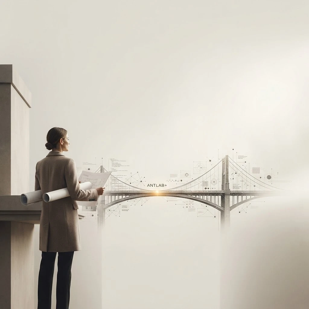 Una fundadora con planos frente a un punto de inflexión, con un puente conceptual de ANTLAB+ construyendo la conexión hacia su próximo +