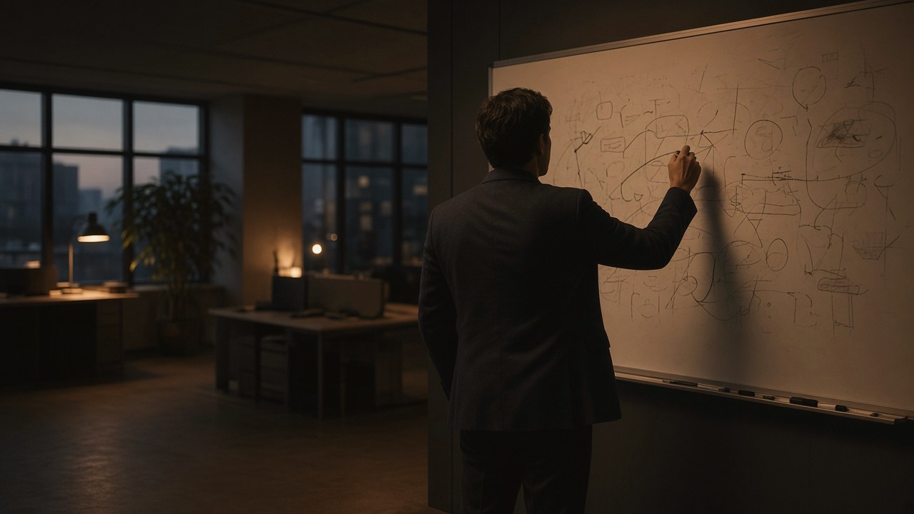 Professional at a whiteboard after hours, seen from behind.