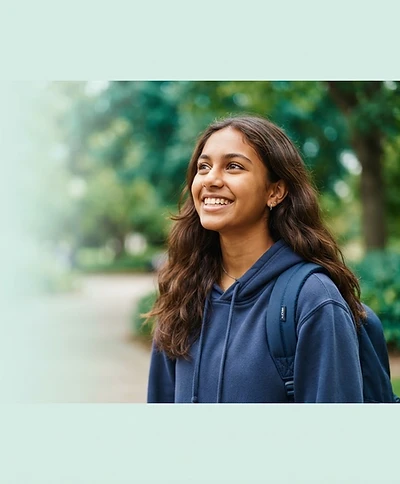 A smiling student looking toward new opportunities
