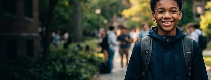 Smiling student with a backpack on a school campus