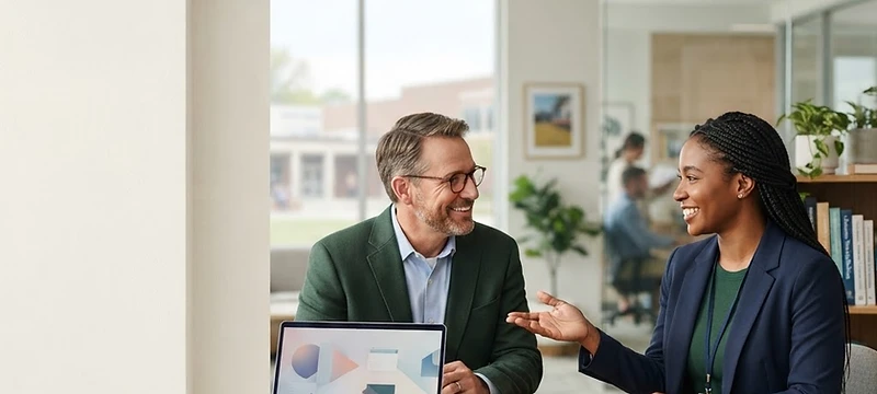 A customer engagement specialist welcoming a school district leader for a consultation