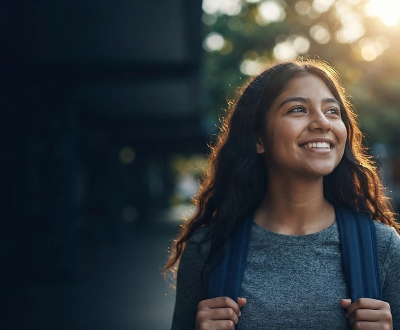 An optimistic high school student with a backpack, looking toward the sunlight