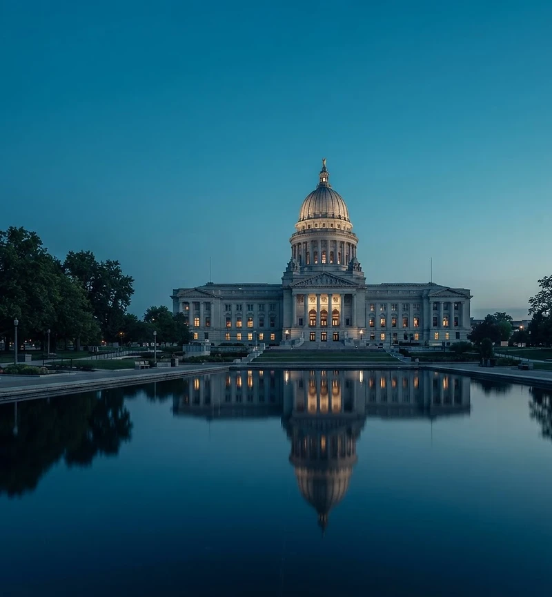 An illuminated state capitol reflected in water at twilight
