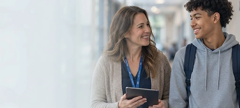 School staff member walking beside a smiling student in a bright hallway