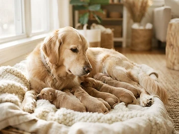 A mother dog with her newborn puppies