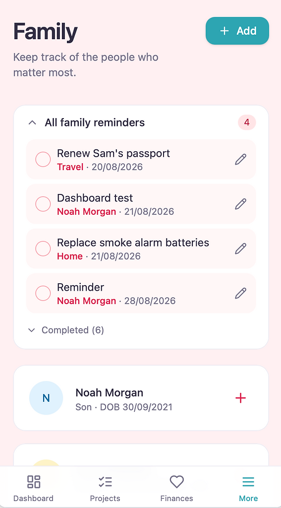 Family page showing family member cards and reminders