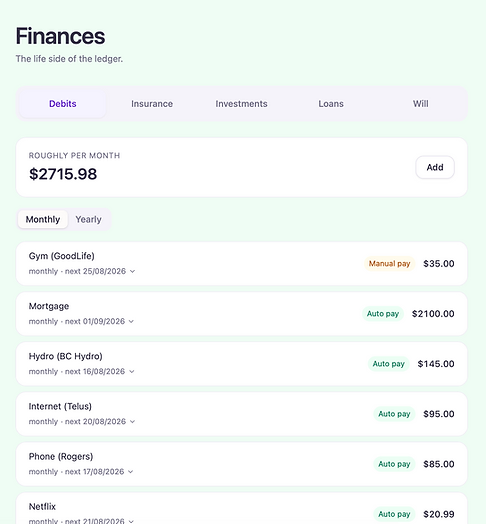 Finances page showing Debits, Insurance, Investments, Loans, and Will tabs