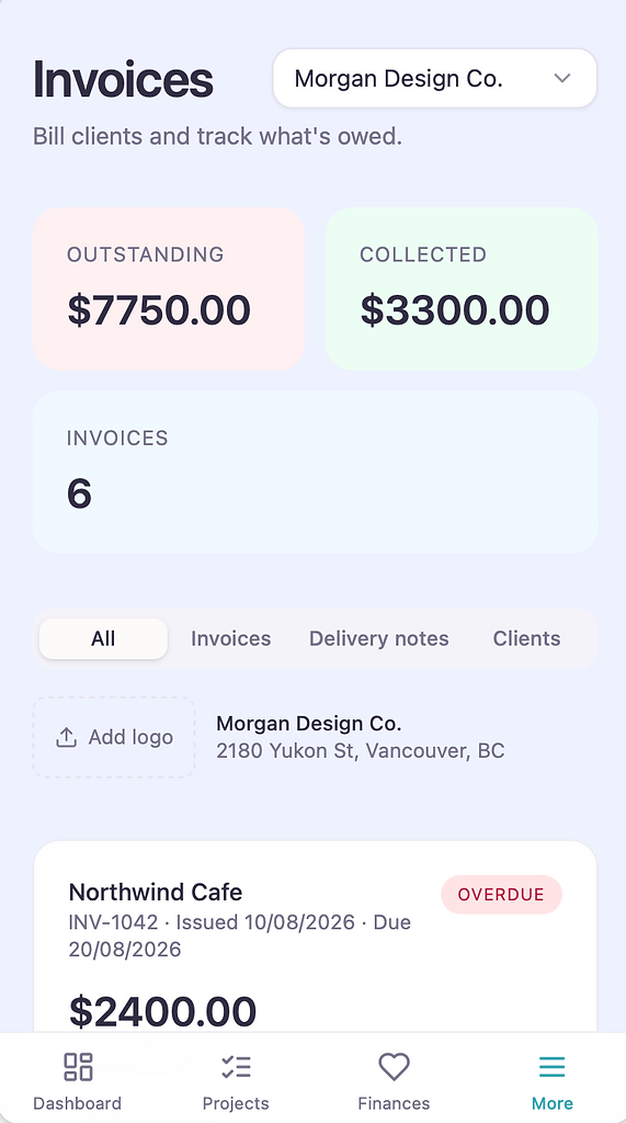 Invoices page showing outstanding and collected totals, tabs, and invoice cards