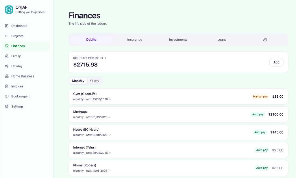 Finances page showing Debits, Insurance, Investments, Loans, and Will tabs