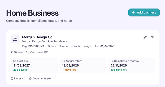 Home Business page showing company details and compliance dates