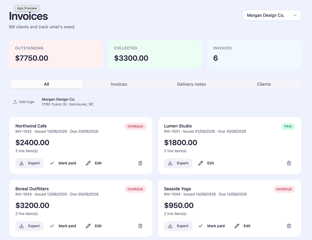 Invoices page showing outstanding and collected totals, tabs, and invoice cards