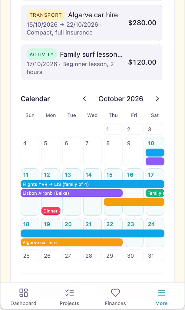Holiday trip showing itemised bookings and a month calendar