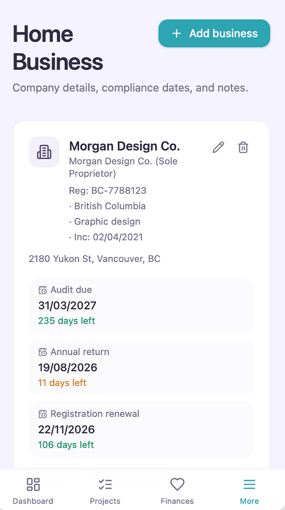 Home Business page showing company details and compliance dates