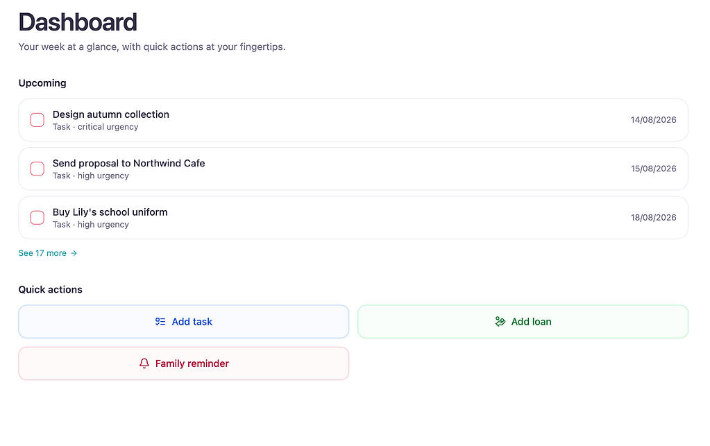 Dashboard showing upcoming tasks and quick action shortcuts