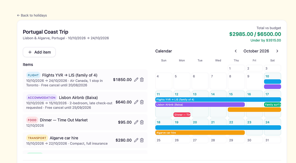 Holiday trip showing itemised bookings and a month calendar