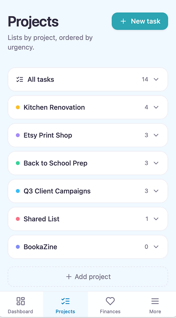 Projects page showing project list and tasks ordered by urgency