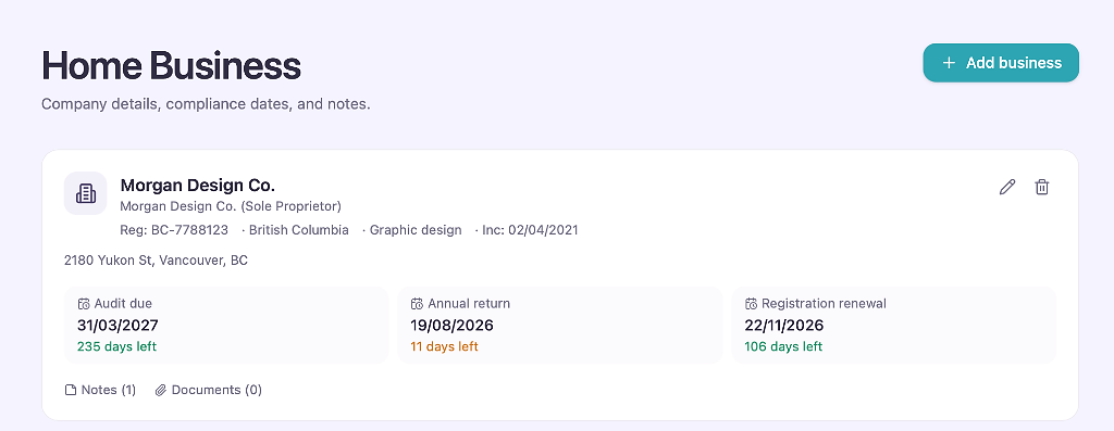 Home Business page showing company details and compliance dates
