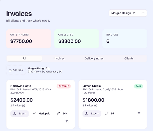 Invoices page showing outstanding and collected totals, tabs, and invoice cards