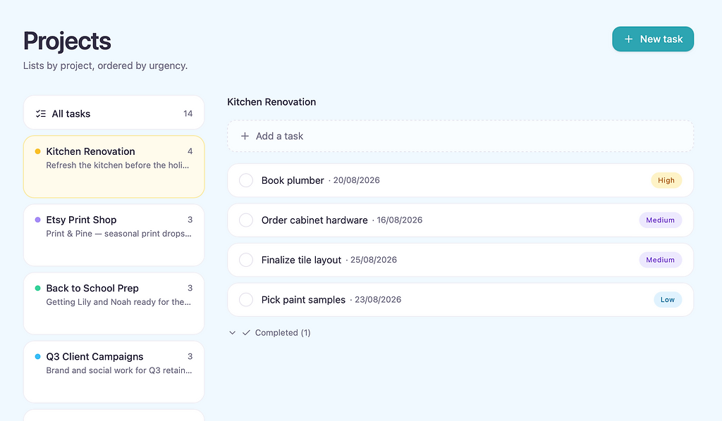 Projects page showing project list and tasks ordered by urgency
