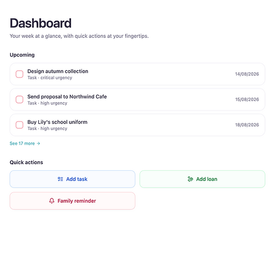 Dashboard showing upcoming tasks and quick action shortcuts
