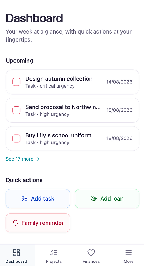 Dashboard showing upcoming tasks and quick action shortcuts