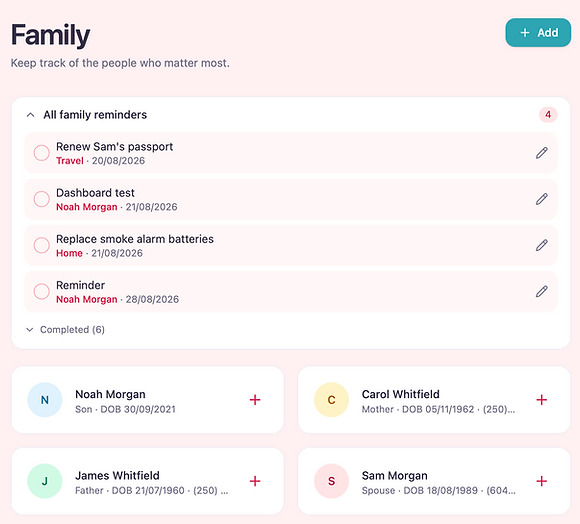 Family page showing family member cards and reminders