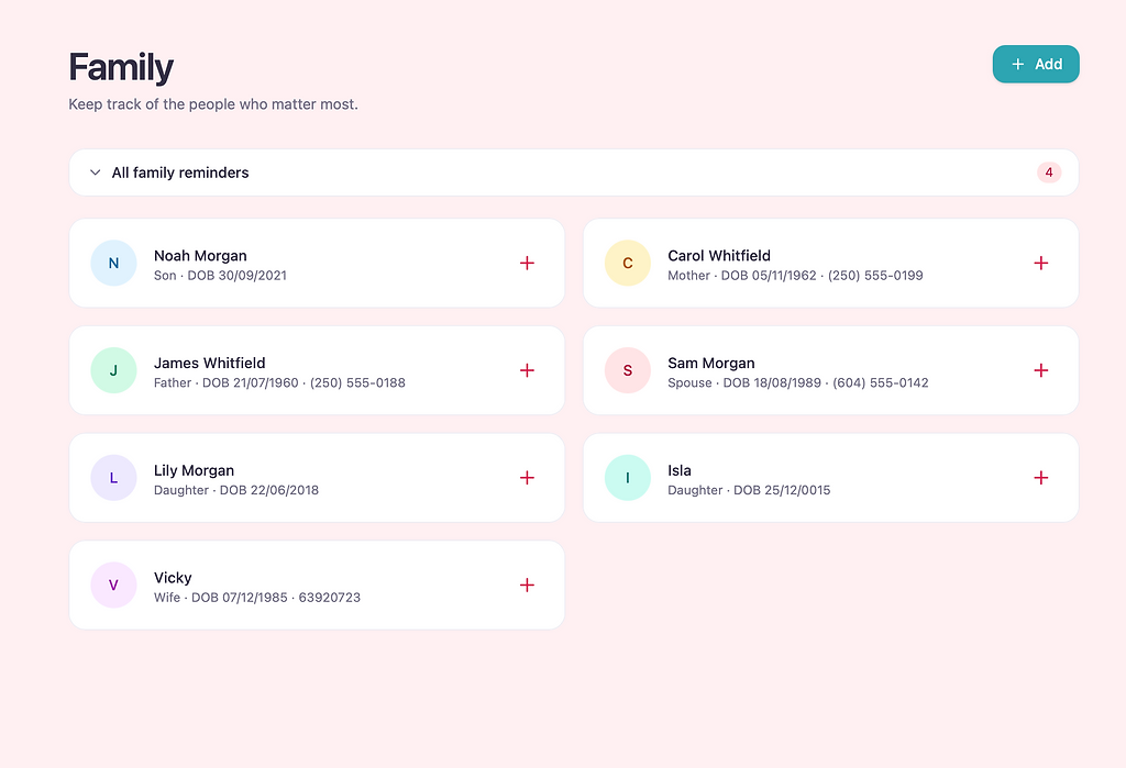 Family page showing family member cards and reminders