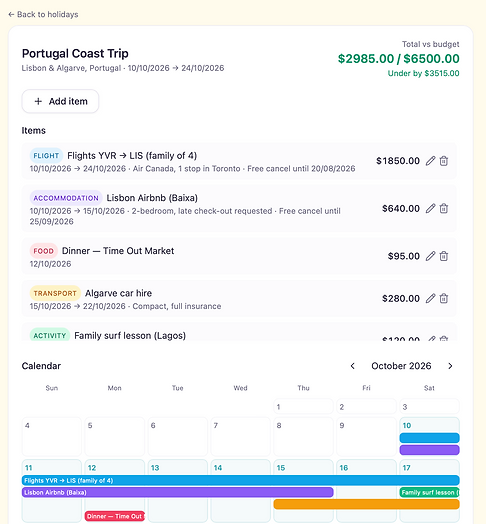 Holiday trip showing itemised bookings and a month calendar