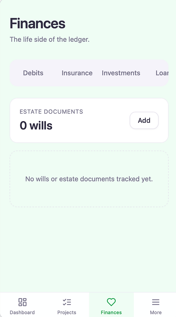 Finances page showing Debits, Insurance, Investments, Loans, and Will tabs
