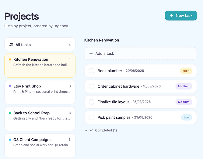 Projects page showing project list and tasks ordered by urgency