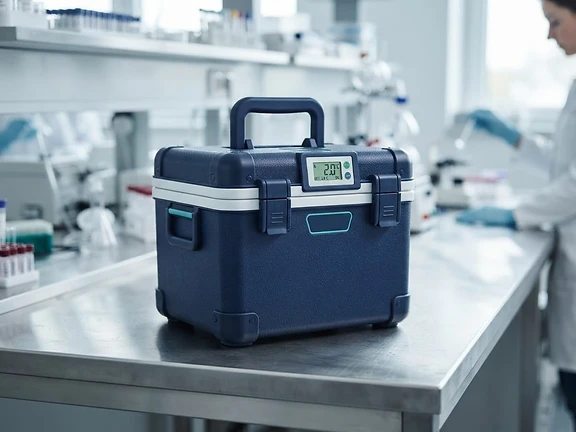 Temperature-controlled medical transport case in a lab