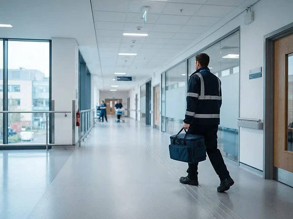 Courier walking through a hospital corridor