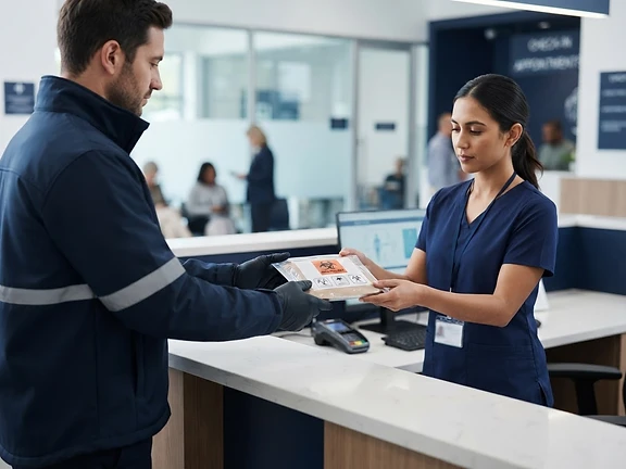 Courier handing a package to a healthcare receptionist