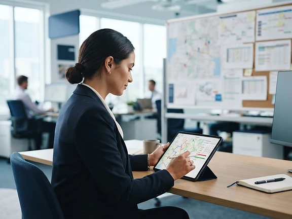 Logistics coordinator planning delivery routes on a tablet