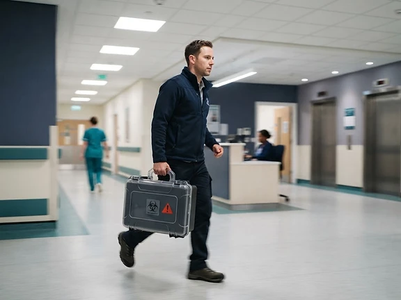 Courier carrying an urgent medical case through a hospital