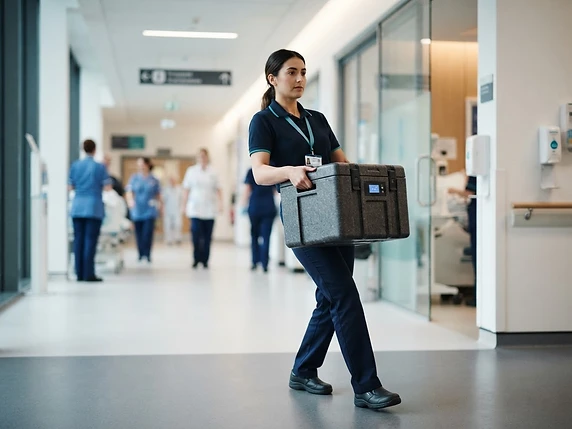 Healthcare courier delivering supplies inside a hospital corridor
