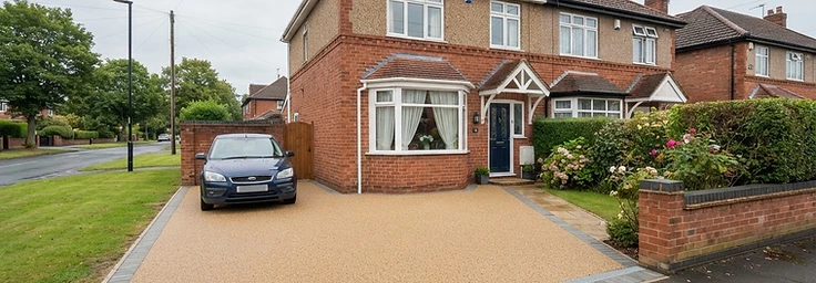Finished resin driveway in front of a red-brick semi-detached home
