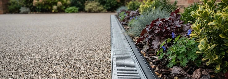 Resin driveway meeting a drainage channel and a planted border