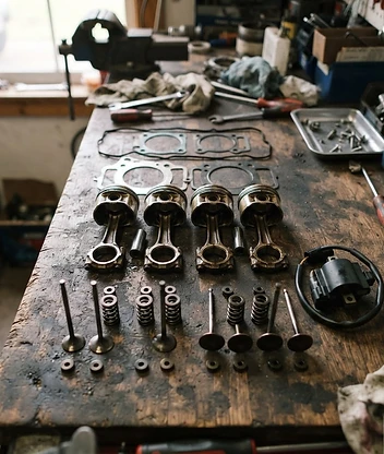 Small engine parts being refurbished in a workshop
