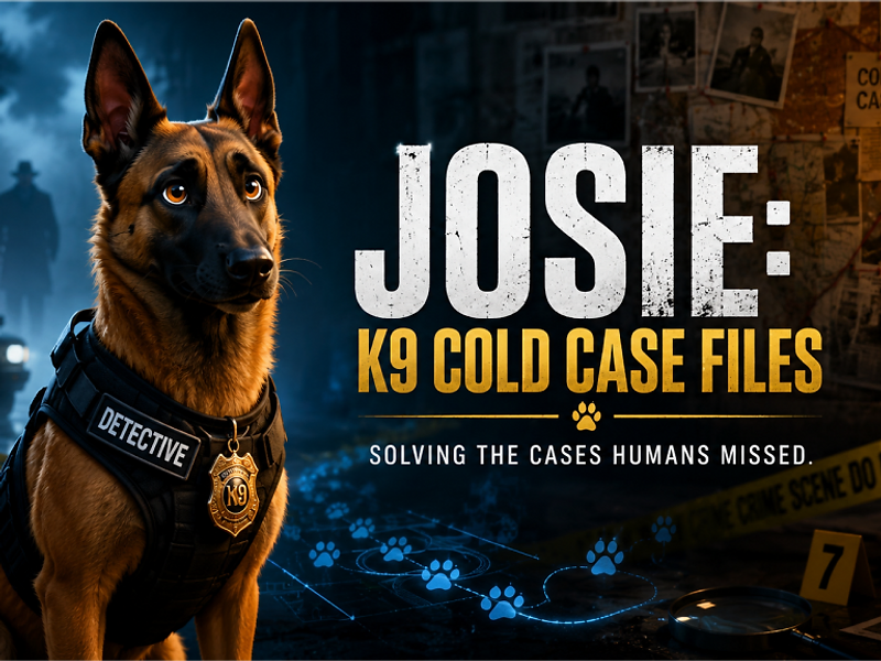 Josie, Belgian Malinois K9 detective silhouette under a streetlamp