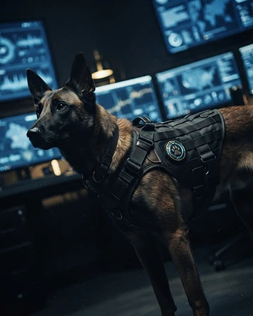 Josie, Belgian Malinois K9 detective in tactical harness
