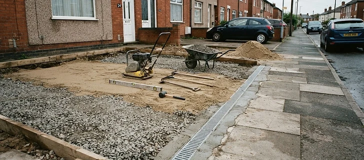 Compacted sub-base and drainage channel during driveway preparation