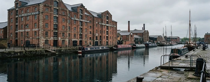 Victorian red-brick warehouse buildings beside dock water in Gloucester