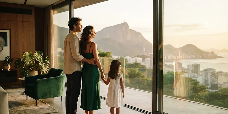 Família em casa moderna com expressão de segurança