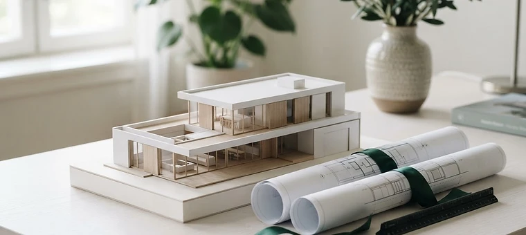 Maquete de imóvel e plantas sobre mesa